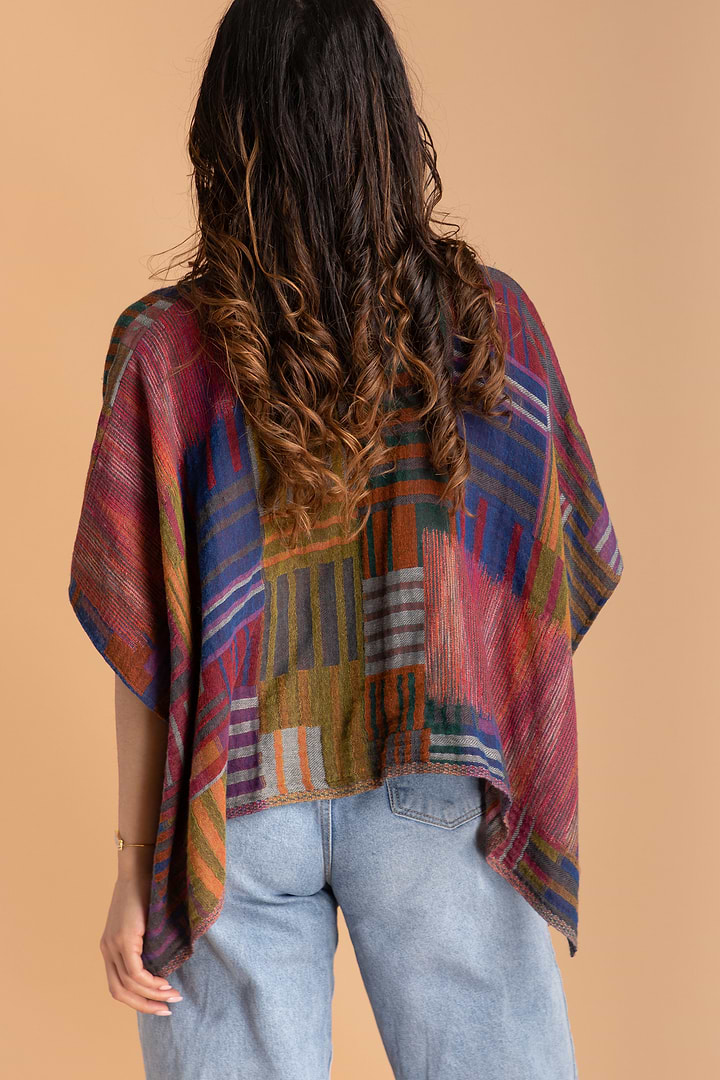 Multi Square Stripe Short Poncho - Multi