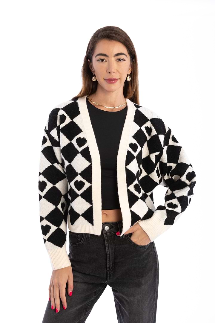 Checkered Hearts Cardigan Cropped - White