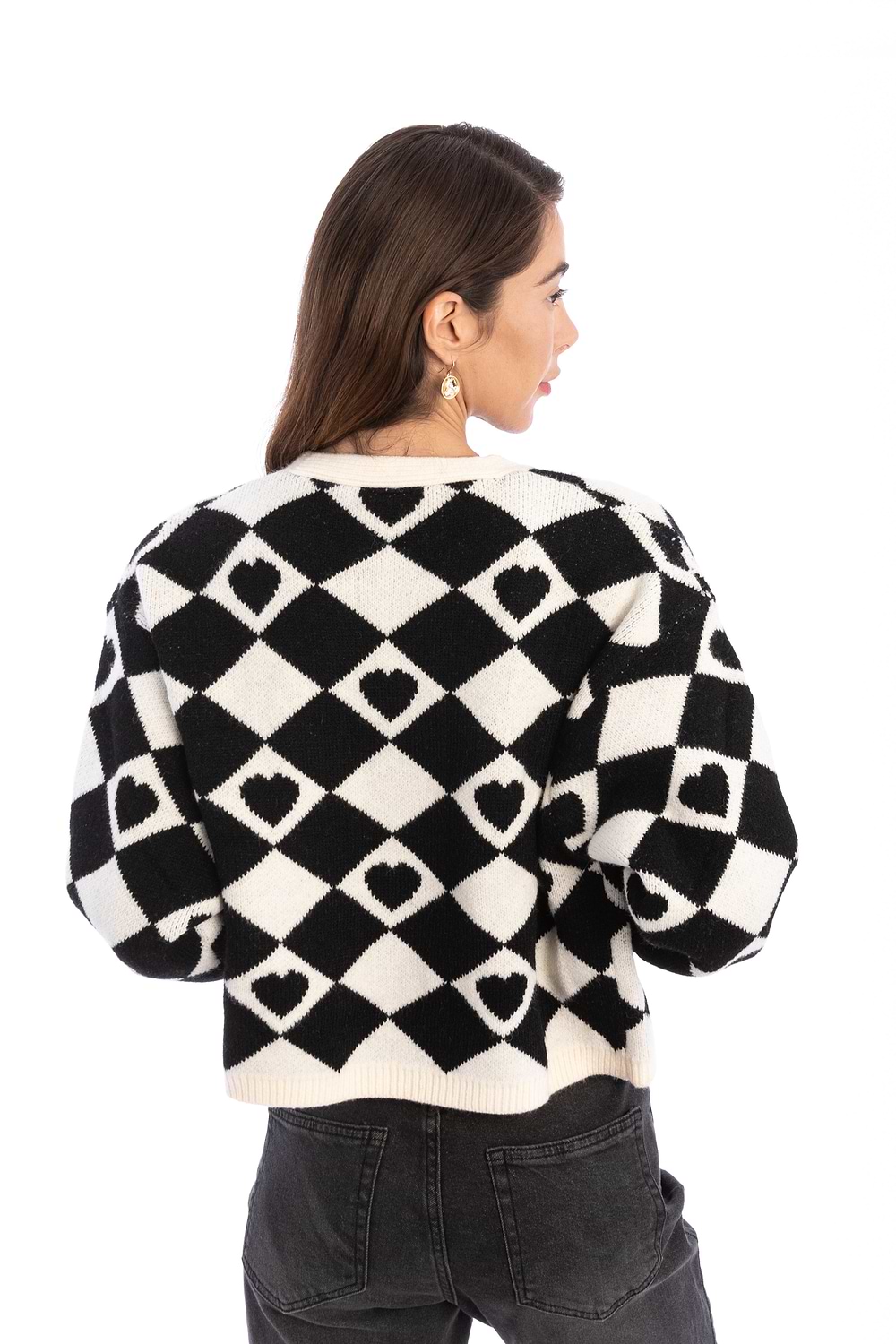 Checkered Hearts Cardigan Cropped - White