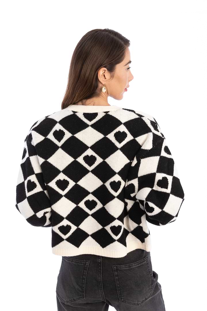 Checkered Hearts Cardigan Cropped - White