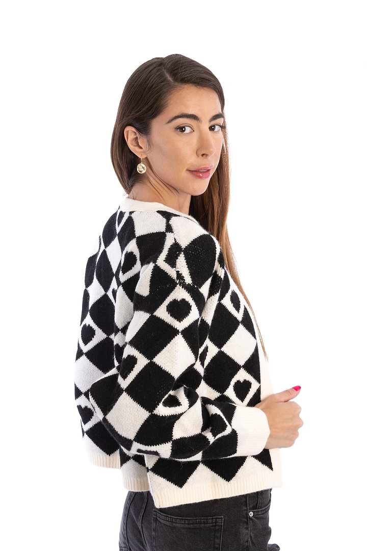 Checkered Hearts Cardigan Cropped - White