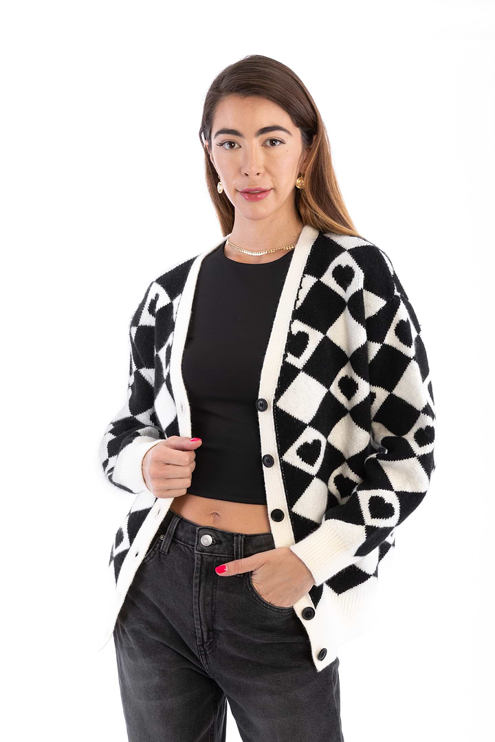 Checkered Hearts Cardigan - Black