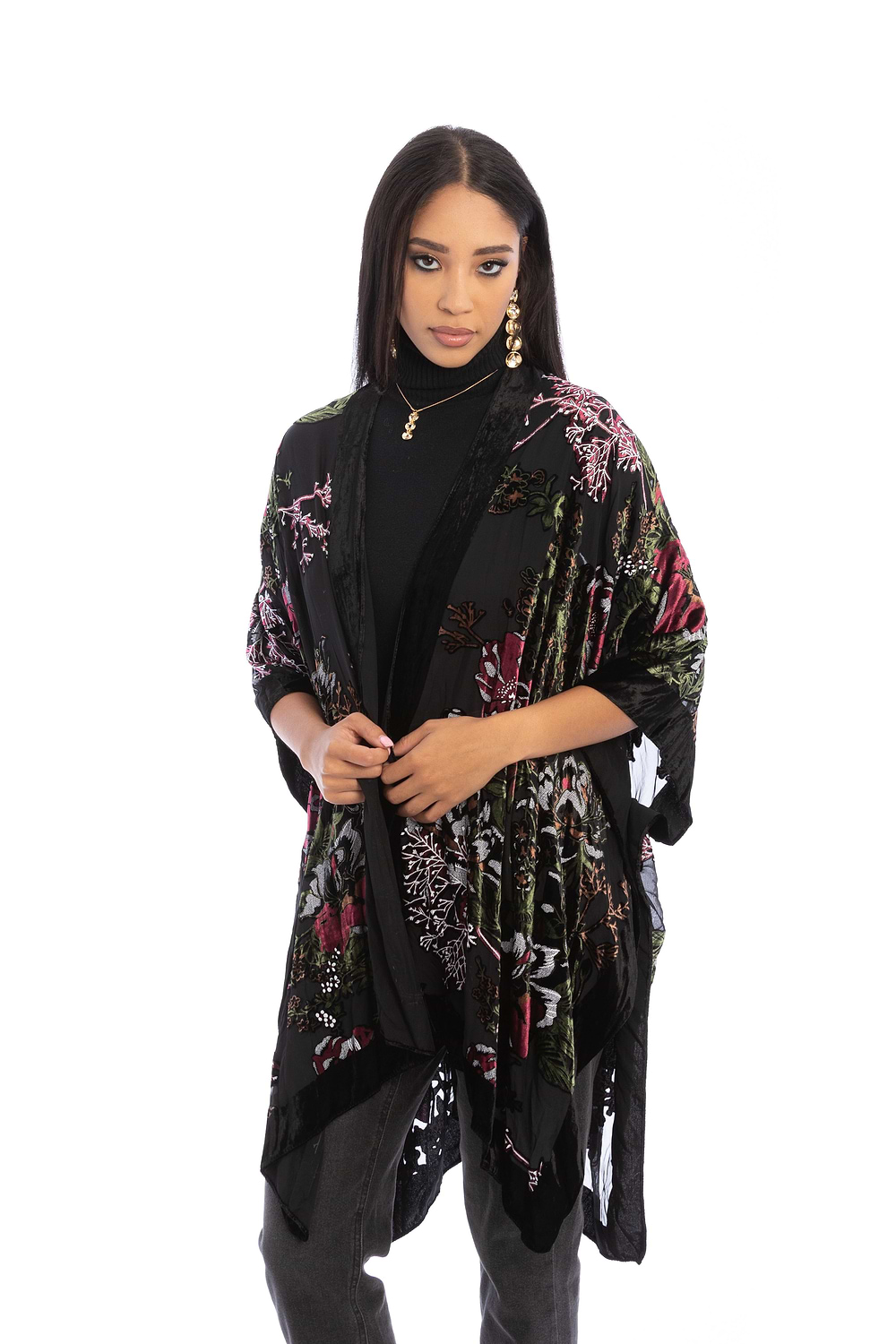Black Velvet Kimono for Winter - Black