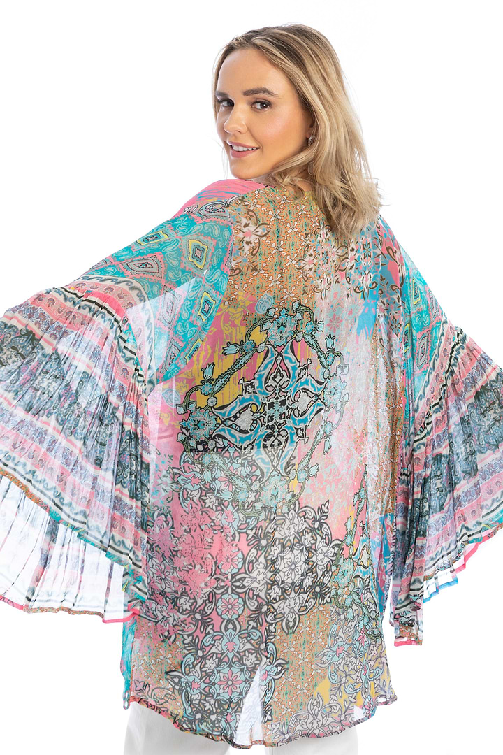 Mystical Garden Ruffle Sleeve Kimono - PaleTurquoise