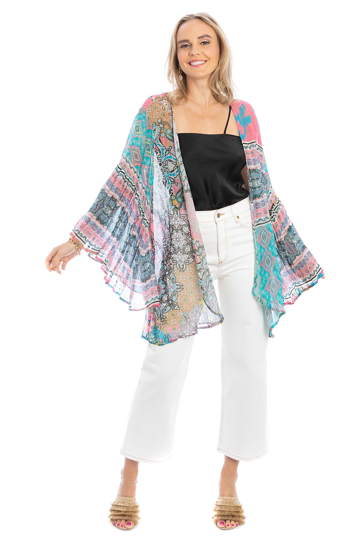 Mystical Garden Ruffle Sleeve Kimono - PaleTurquoise