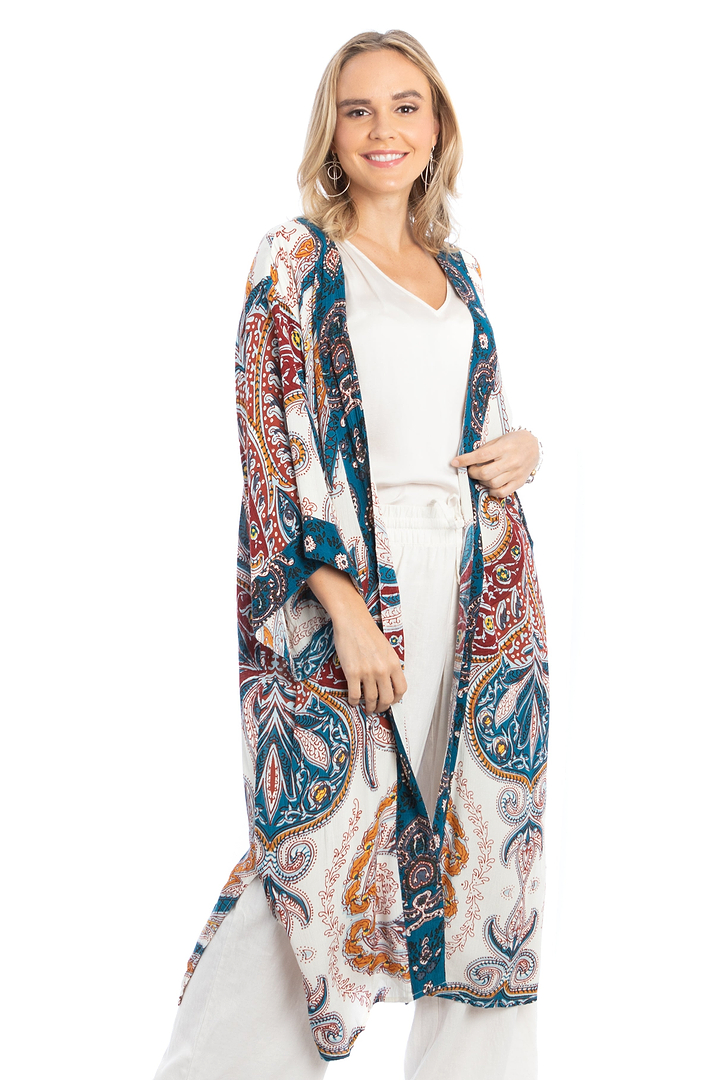 Multicolored Paisley Kimono Duster Long - Blue