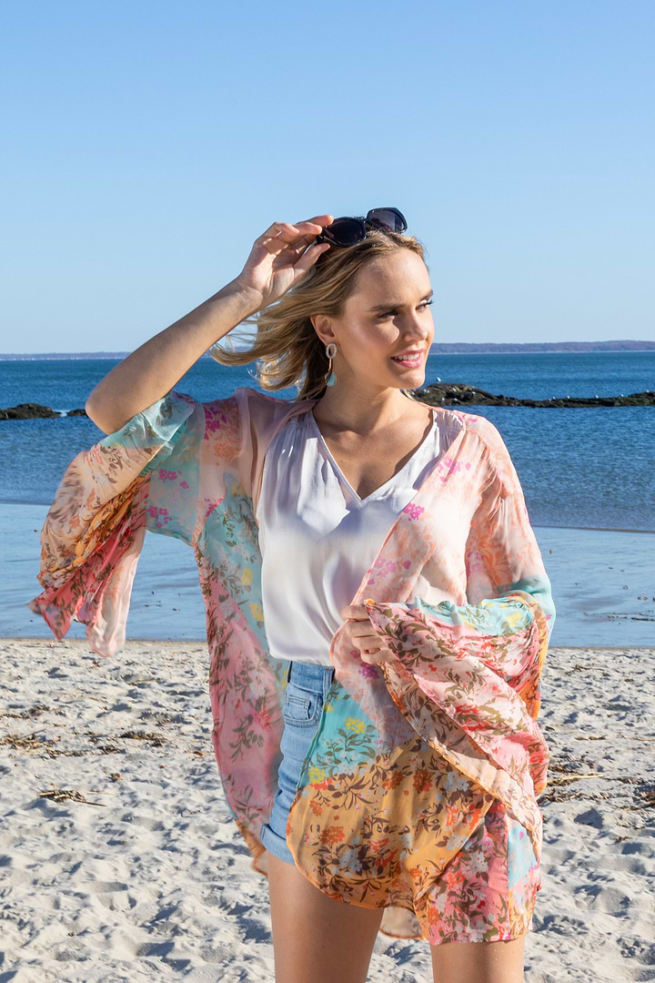 Mystical Garden Ruffle Sleeve Kimono - Peachpuff