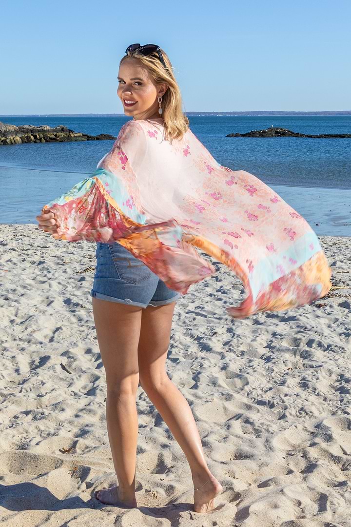Mystical Garden Ruffle Sleeve Kimono - Peachpuff