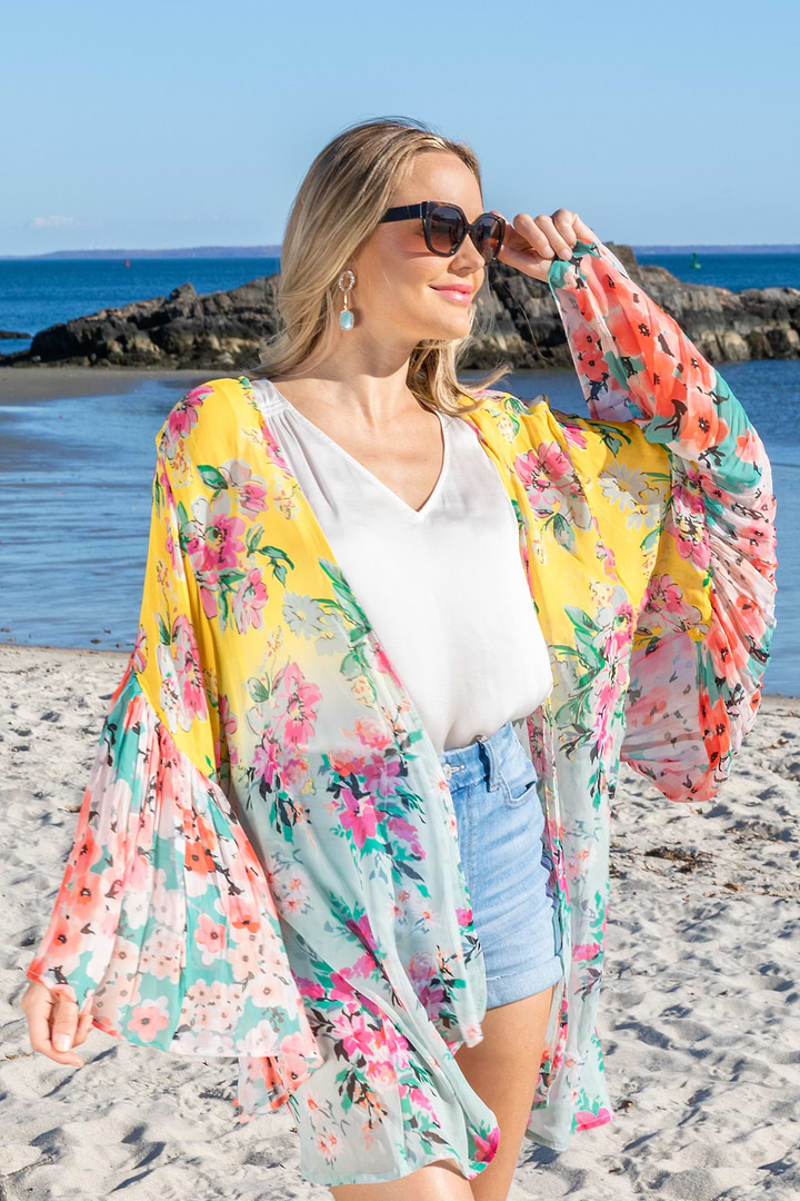 Mystical Garden Ruffle Sleeve Kimono - Yellow