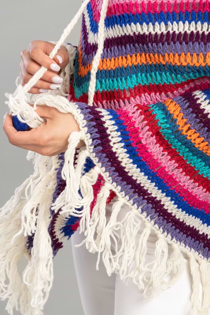 Open Weave Crochet Rainbow Poncho - Dark Multi