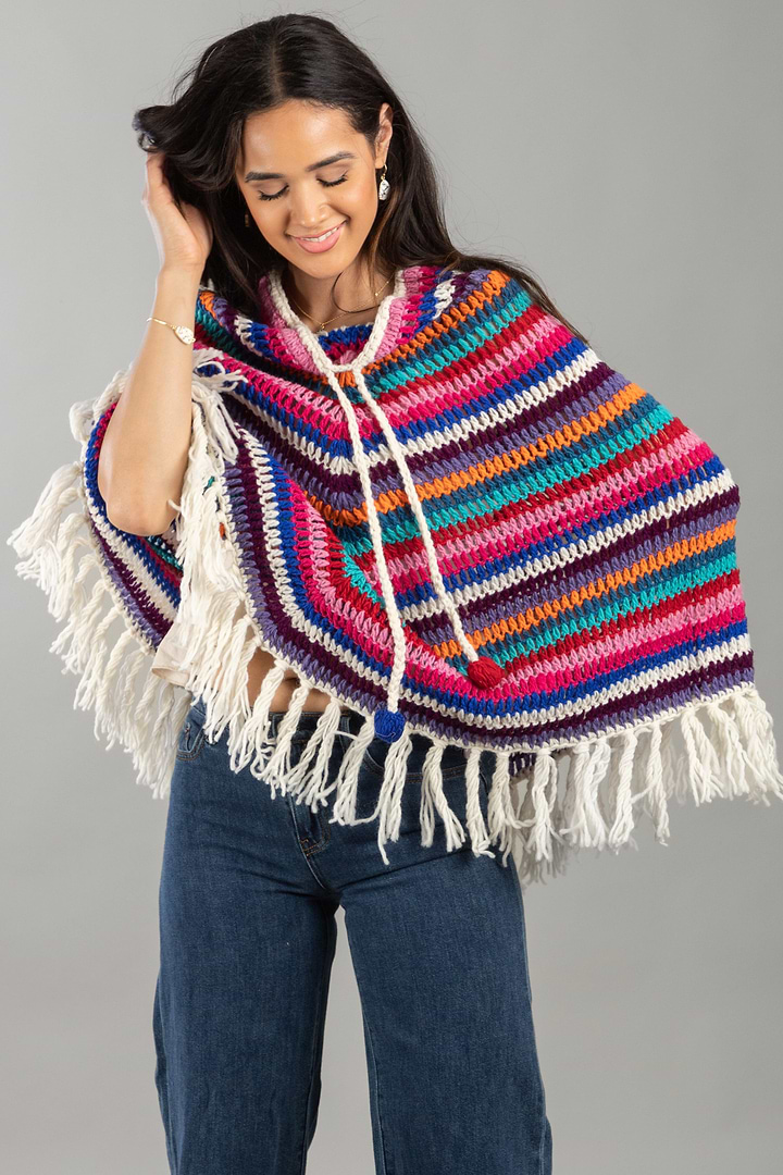 Open Weave Crochet Rainbow Poncho - Dark Multi