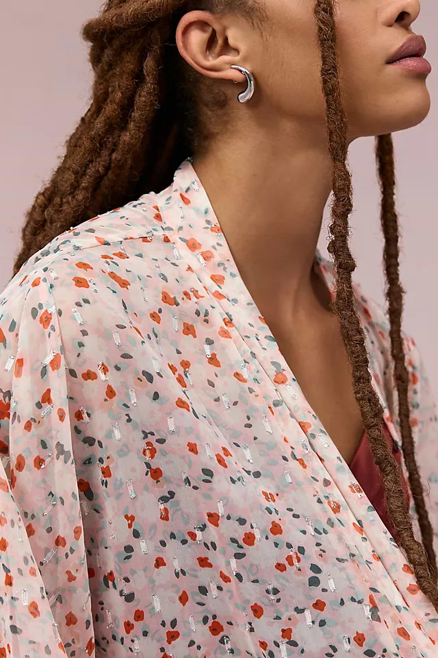 Tie Front Floral Kimono - Lavender Blush