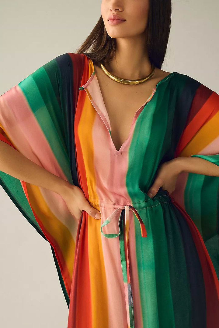 Multicolor Striped Tie Waist Keyhole Kaftan - Medium Spring Green