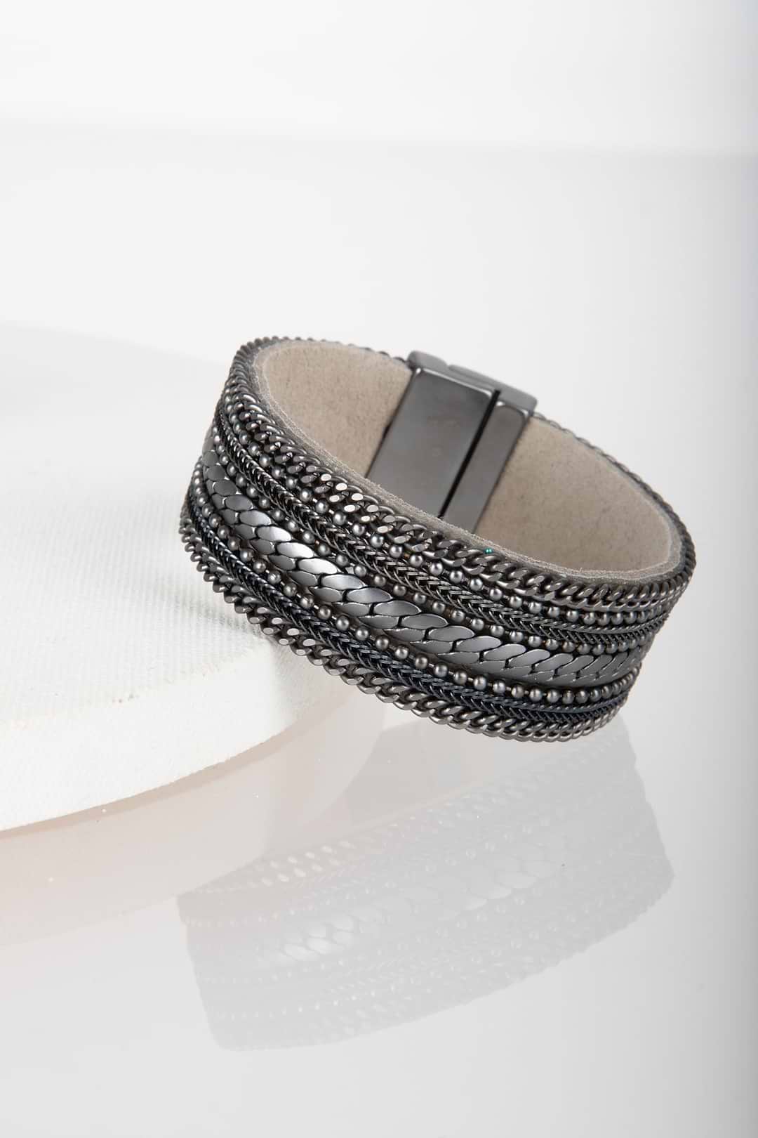 Dainty Chains Leather Bracelet - Gunmetal