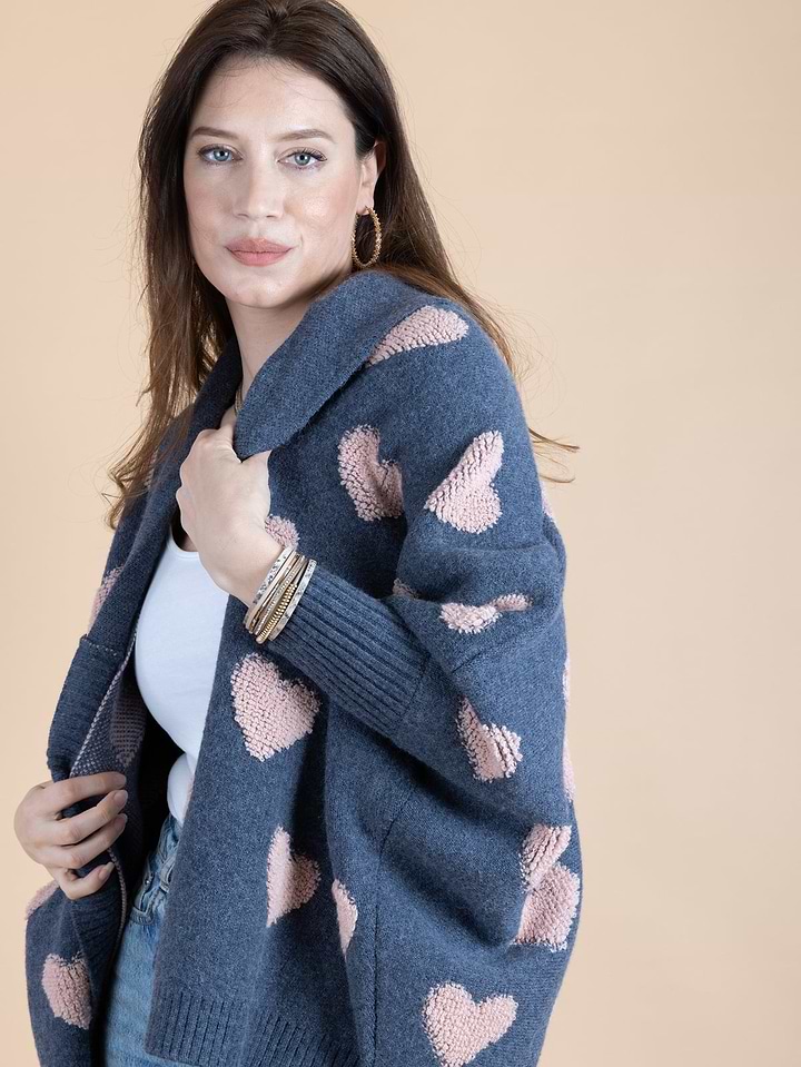 Heart Cardigan Ribbed Knit - Corn Flower Blue