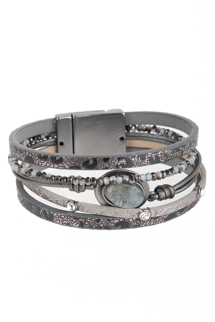 Natural Stone Beaded Leather Bracelet - Gray