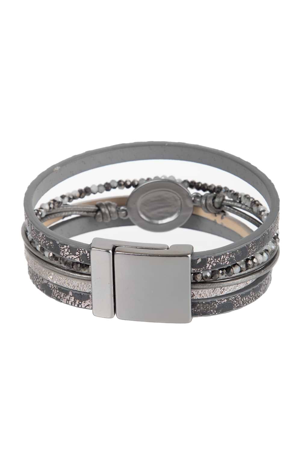 Natural Stone Beaded Leather Bracelet - Gray