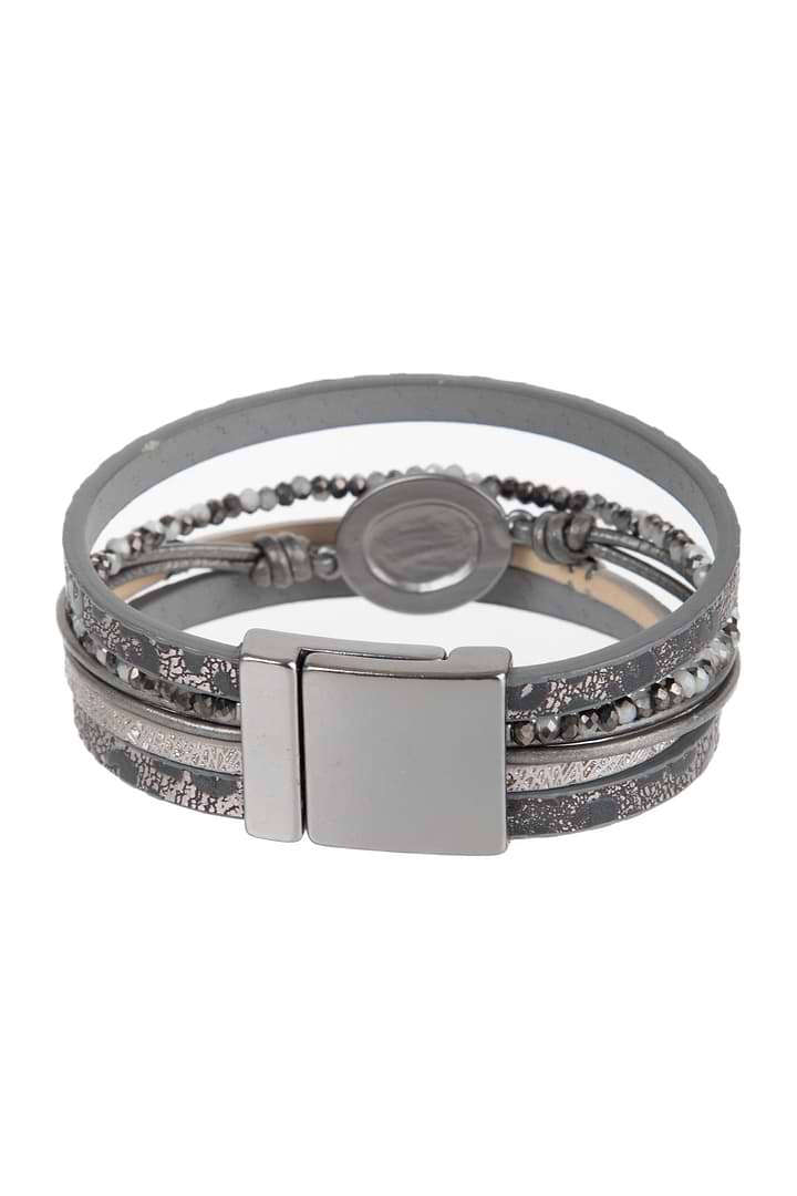 Natural Stone Beaded Leather Bracelet - Gray