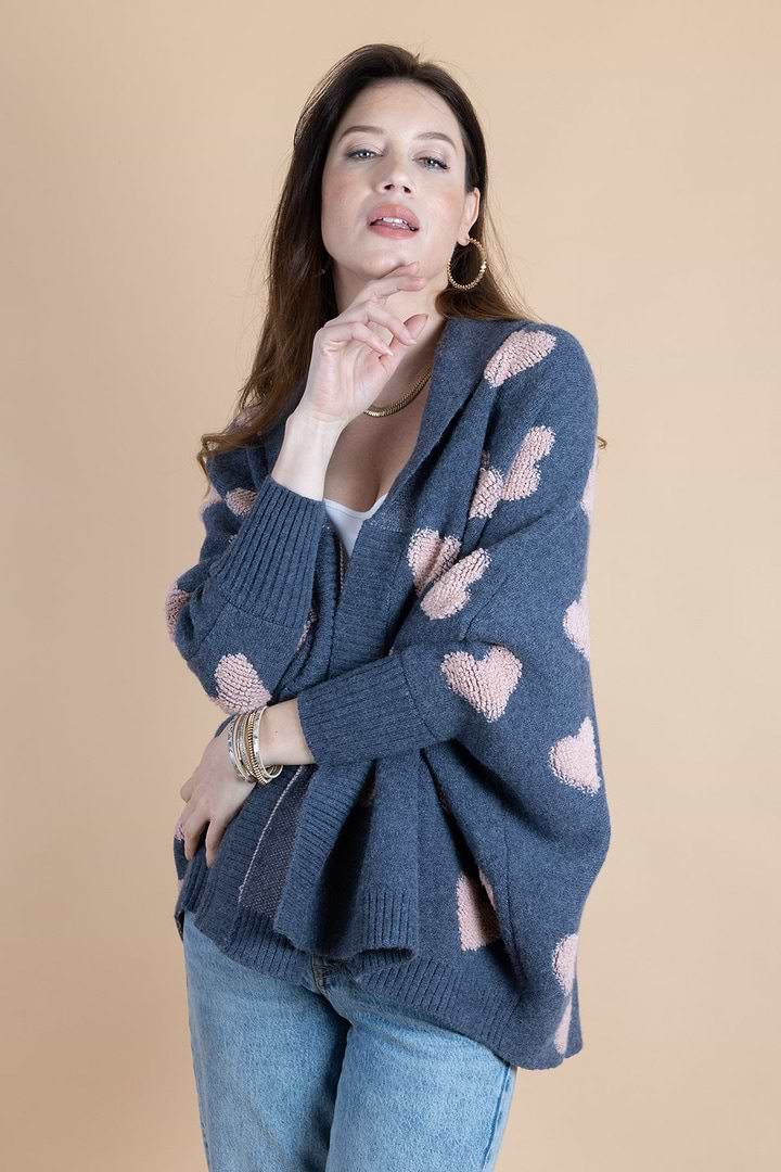 Heart Cardigan Ribbed Knit - Corn Flower Blue