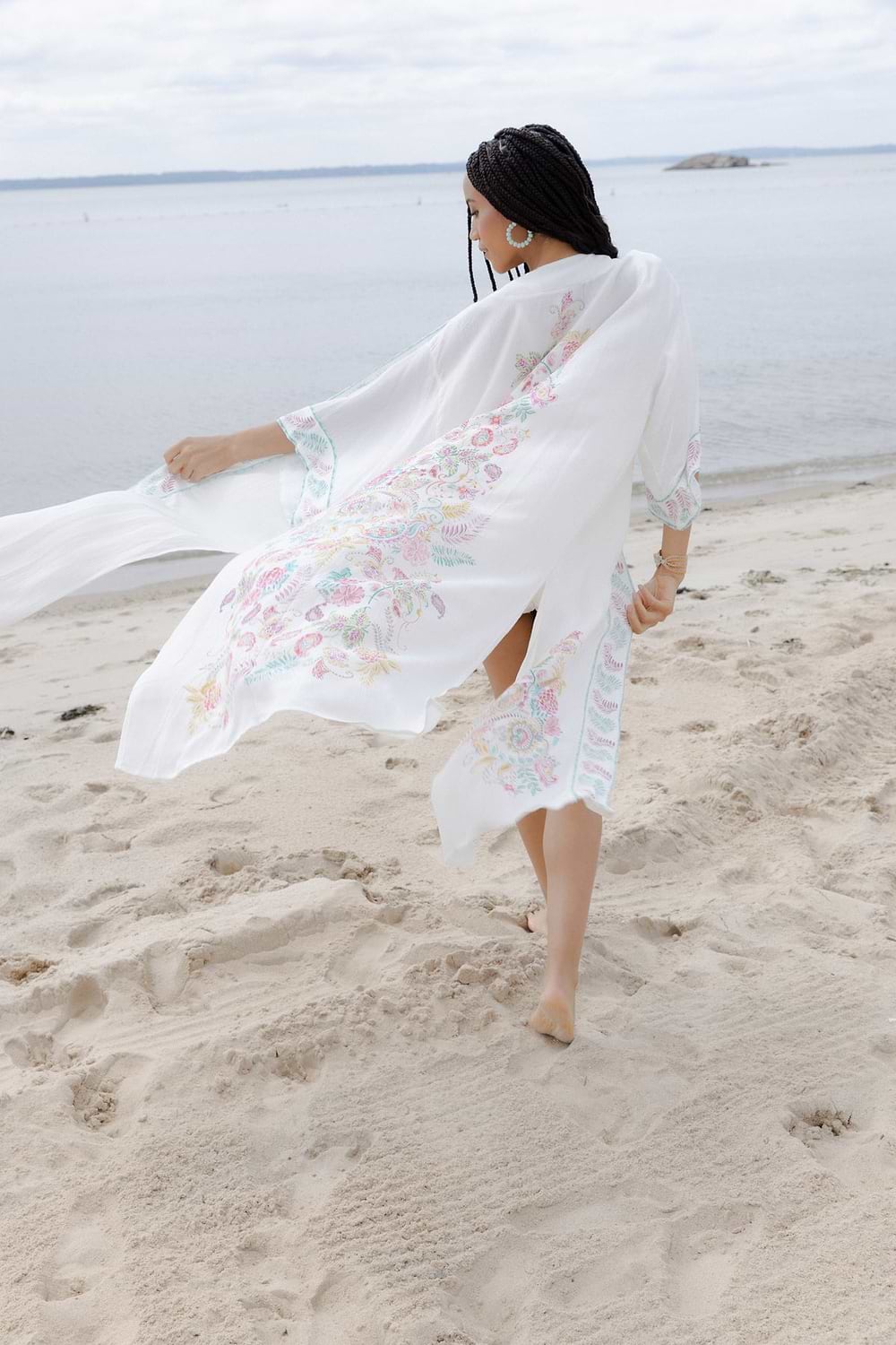 Flowy Paisley Kimono Long - White