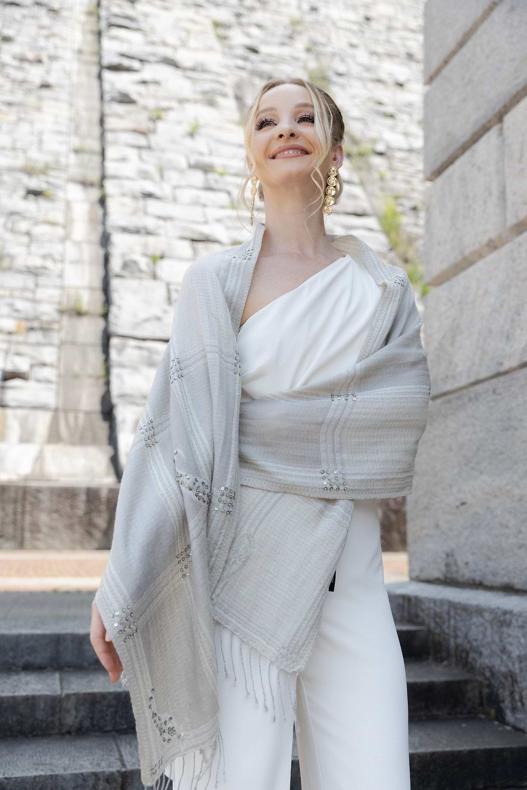 Sequin Oversized Block Scarf - Beige