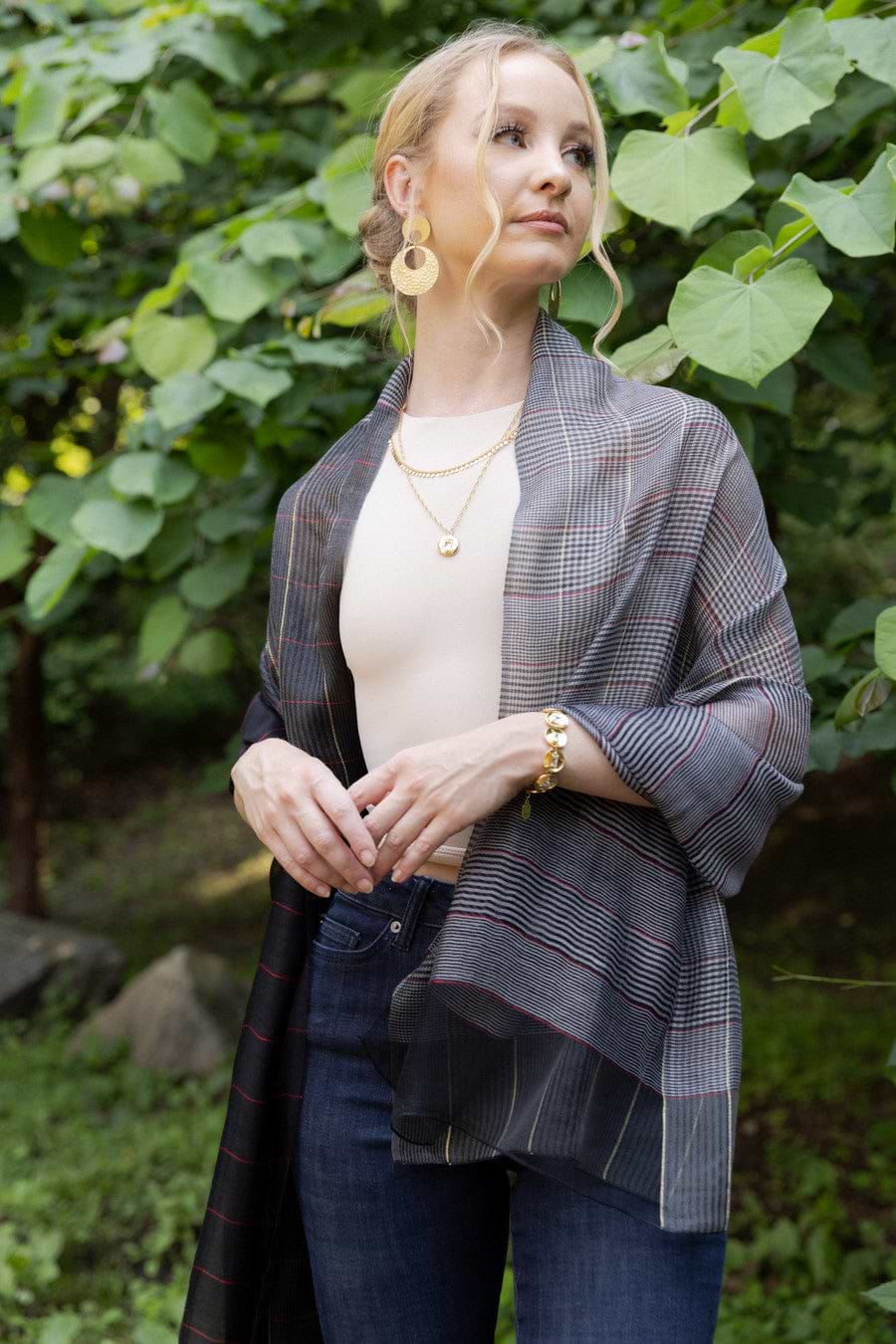 Plaid Patterned Reversible Scarf - Black