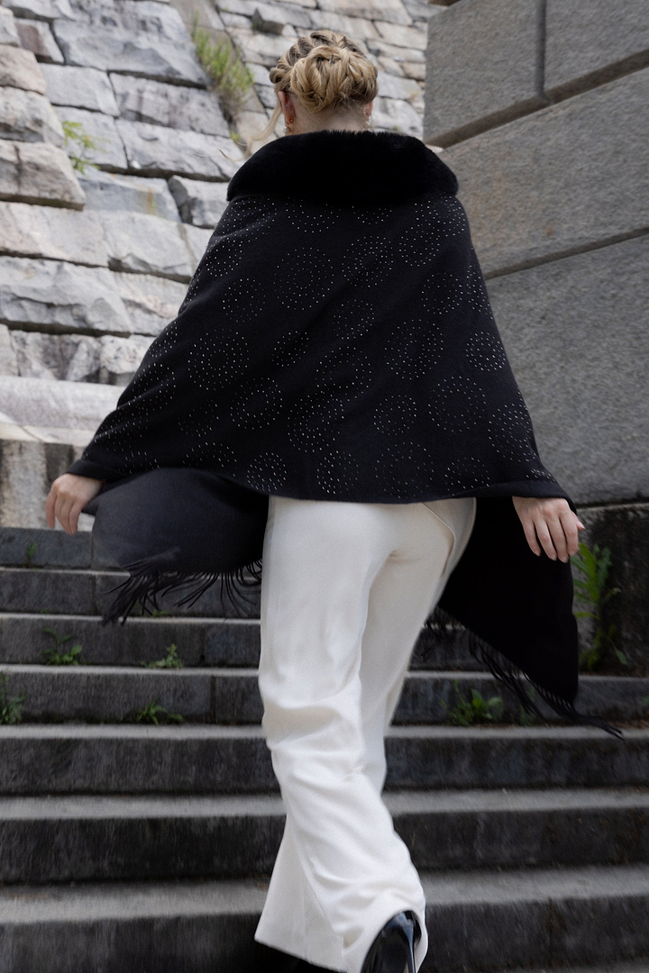 Faux Fur Crystal Scarf - Black