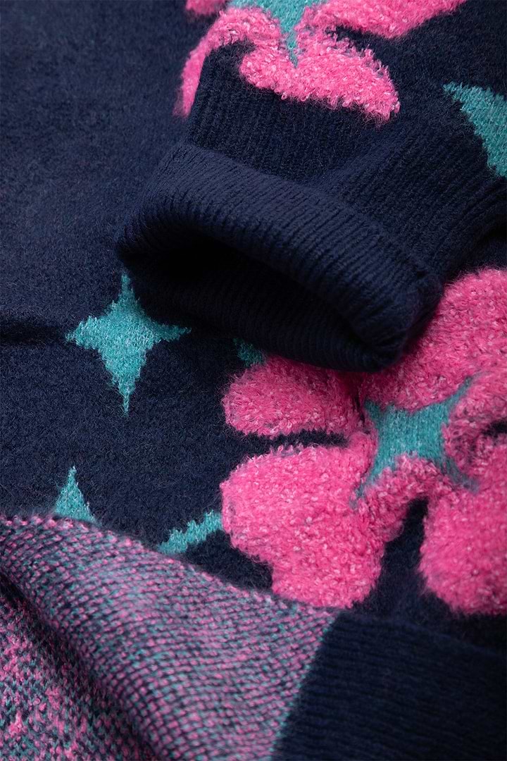 Floral Knit Cardigan Diamond Patterned - Navy