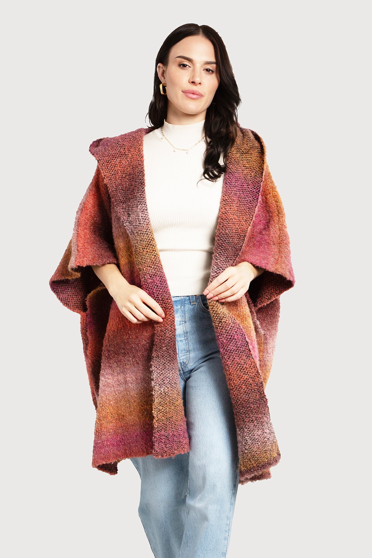 Hooded Kimono Multicolor Gradient Light Coral