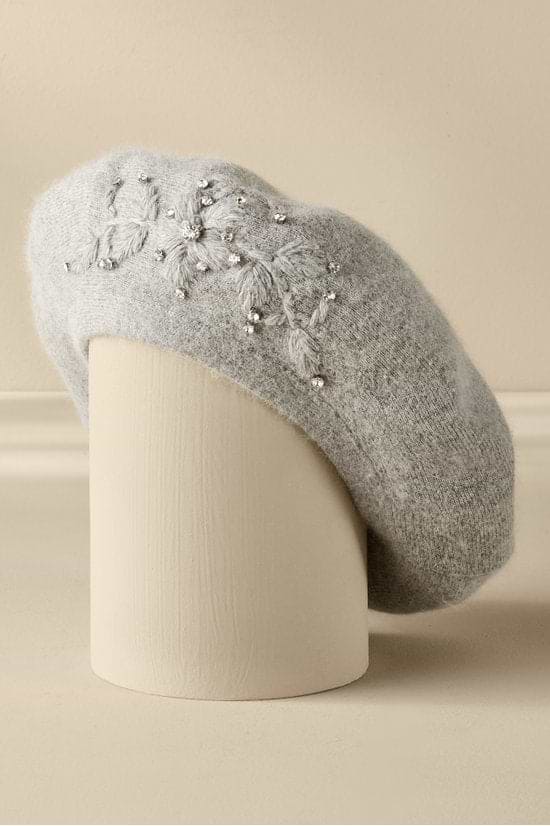 Crystal Embellished Floral Beret - Dark Gray