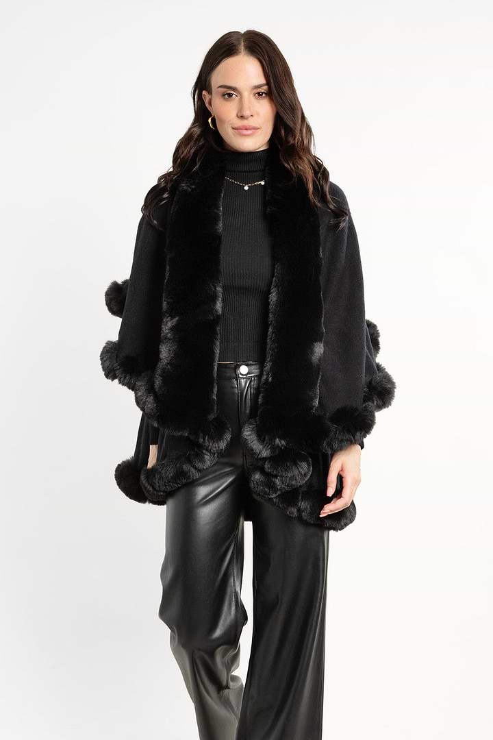 Layered Kimono Faux Fur Cape - Black
