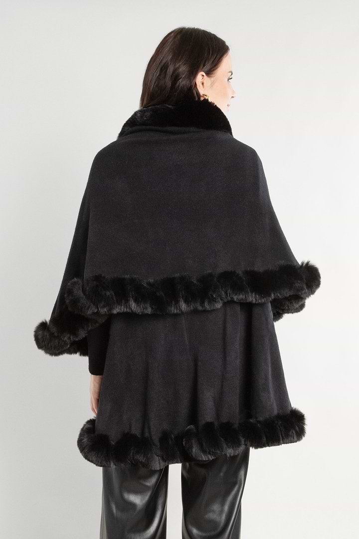 Layered Kimono Faux Fur Cape - Black