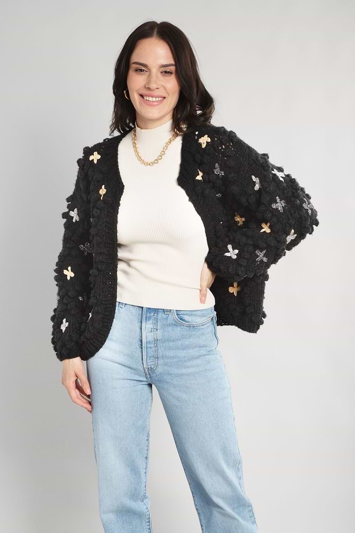 Knitted Cardigan Cross Pom Pom - Black