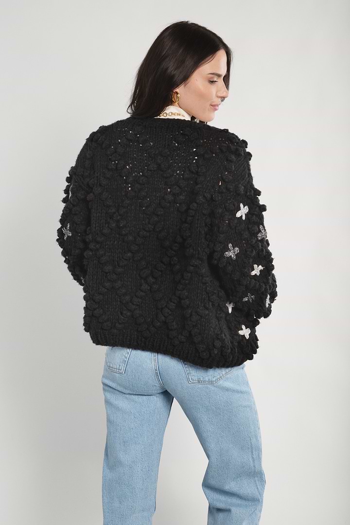 Knitted Cardigan Cross Pom Pom - Black