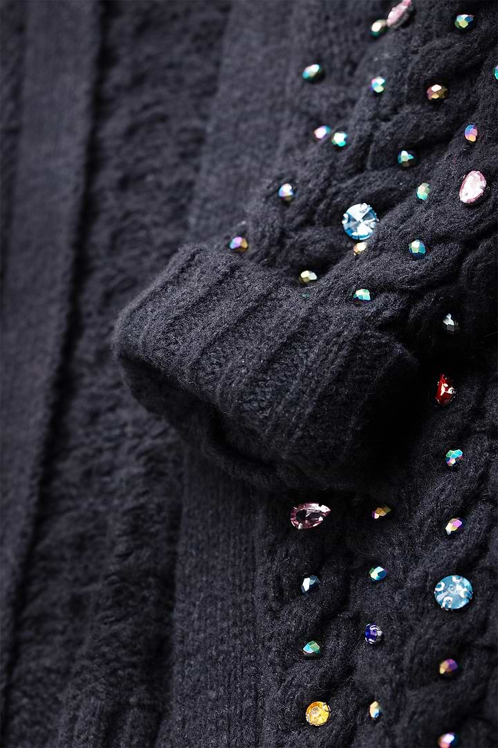 Cable Knit Cardigan Gemstone Pattern - Black
