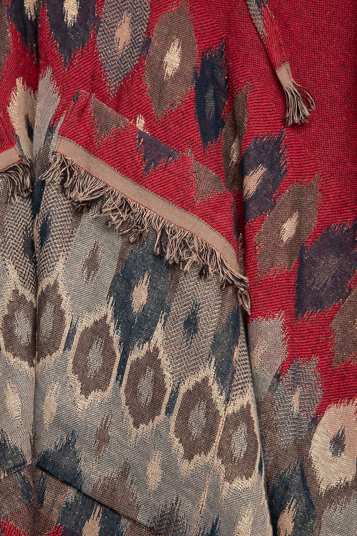 Aztec Frayed Hooded Poncho - Firebrick