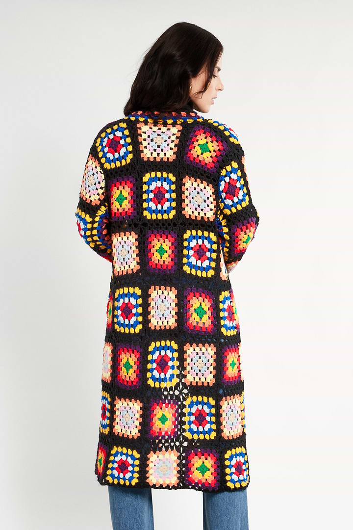 Granny Square Crochet Kimono - Black