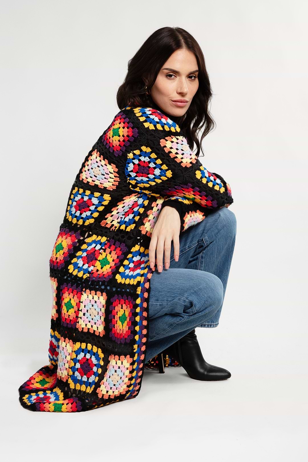 Granny Square Crochet Kimono - Black