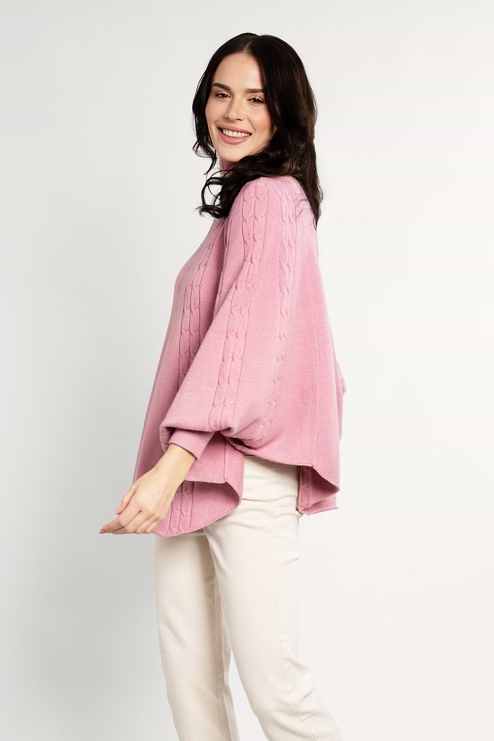 Turtleneck Sweater Cable Knit Poncho - Light Pink