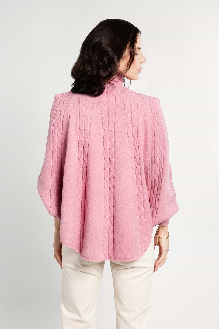 Turtleneck Sweater Cable Knit Poncho - Light Pink