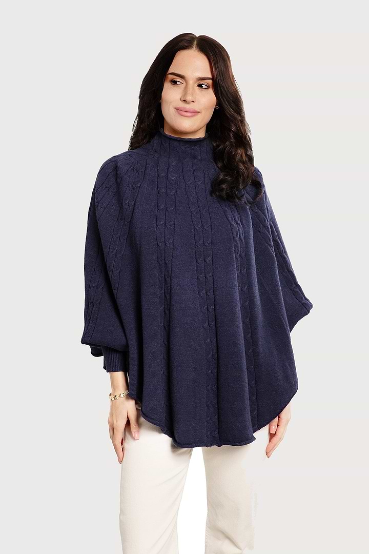 Turtleneck Sweater Cable Knit Poncho - Dark Slate Blue
