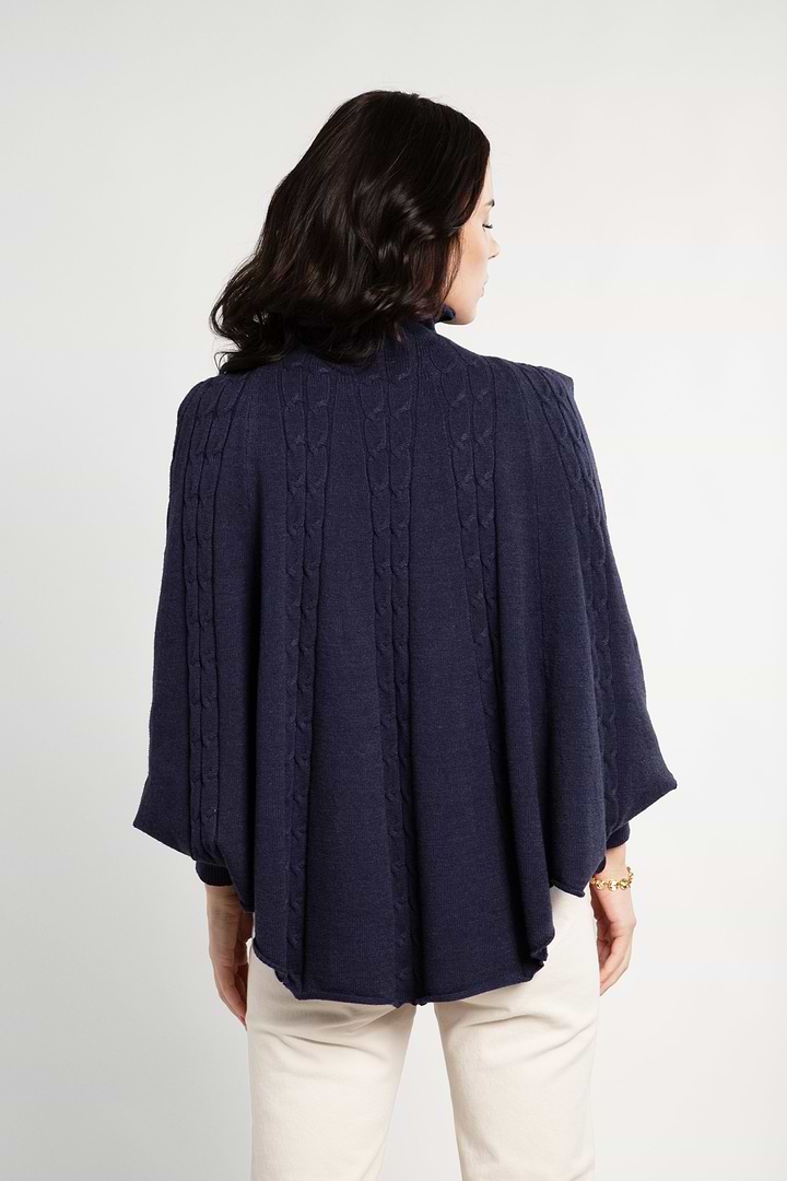 Turtleneck Sweater Cable Knit Poncho - Dark Slate Blue