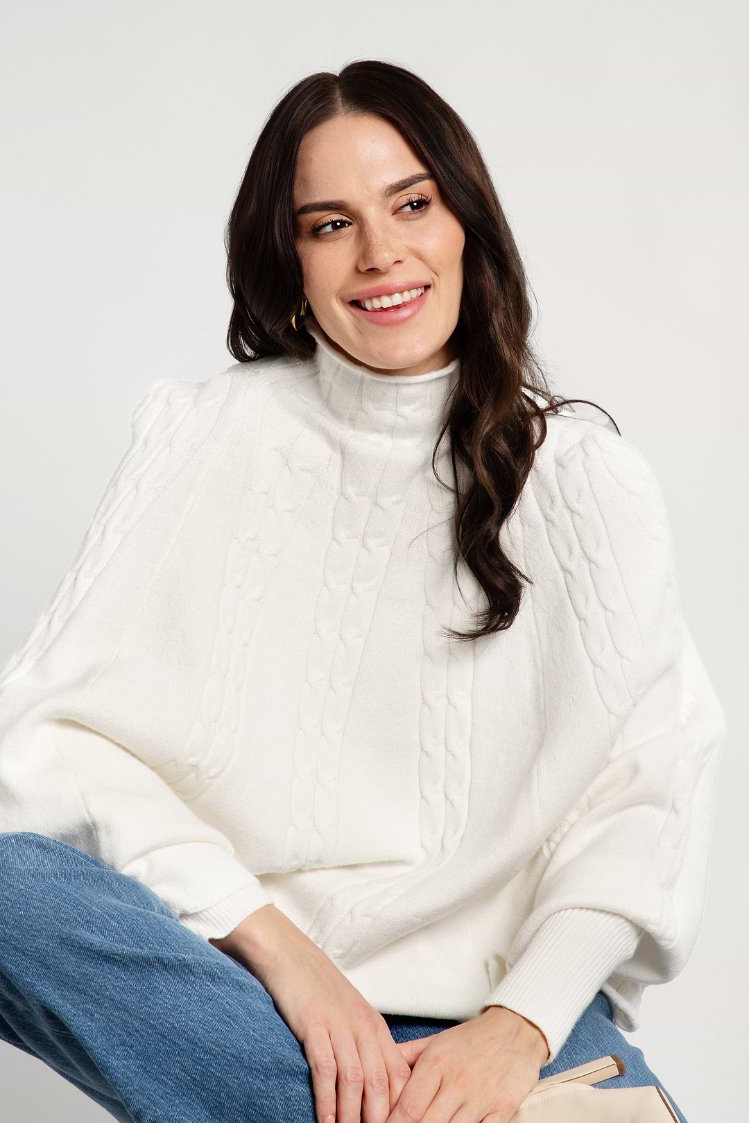 Turtleneck Sweater Cable Knit Poncho - White