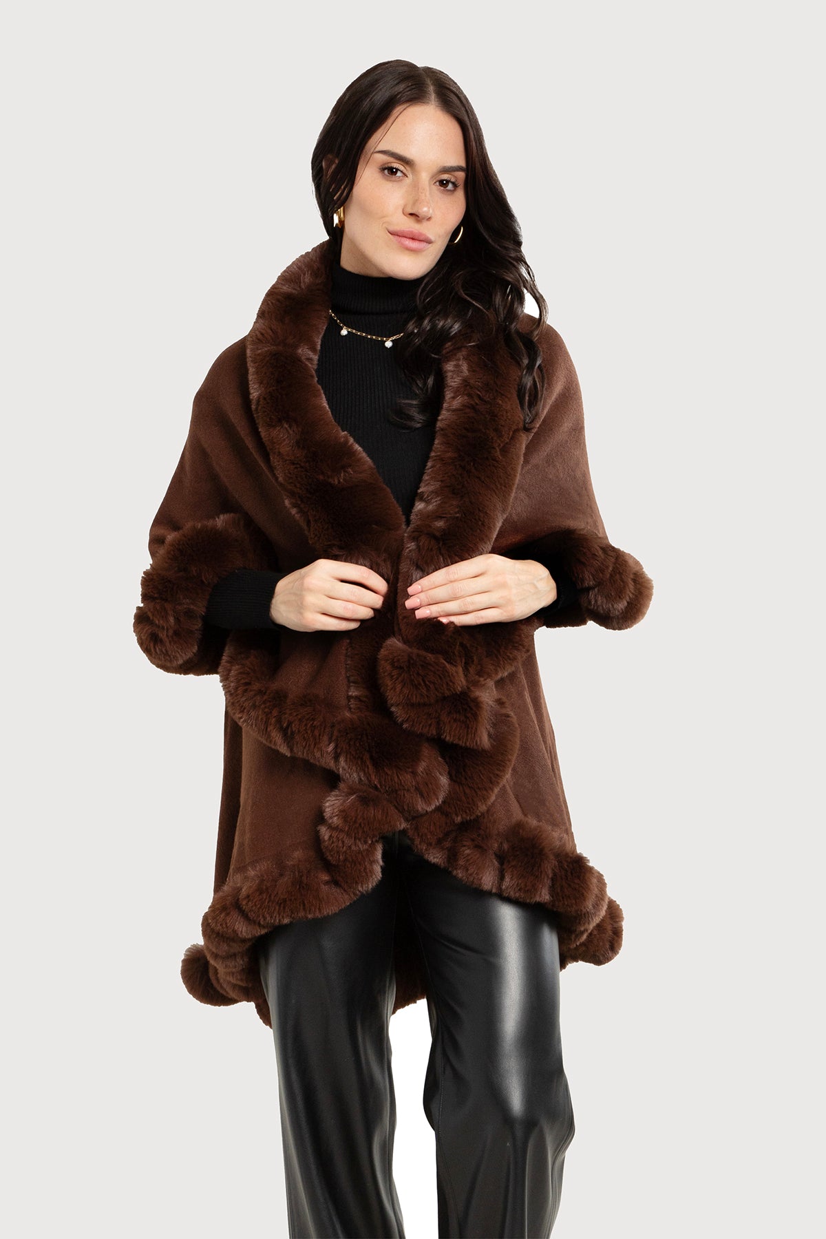 Layered Kimono Faux Fur Cape - Brown