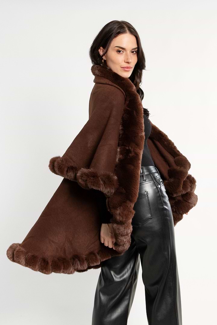 Layered Kimono Faux Fur Cape - Brown