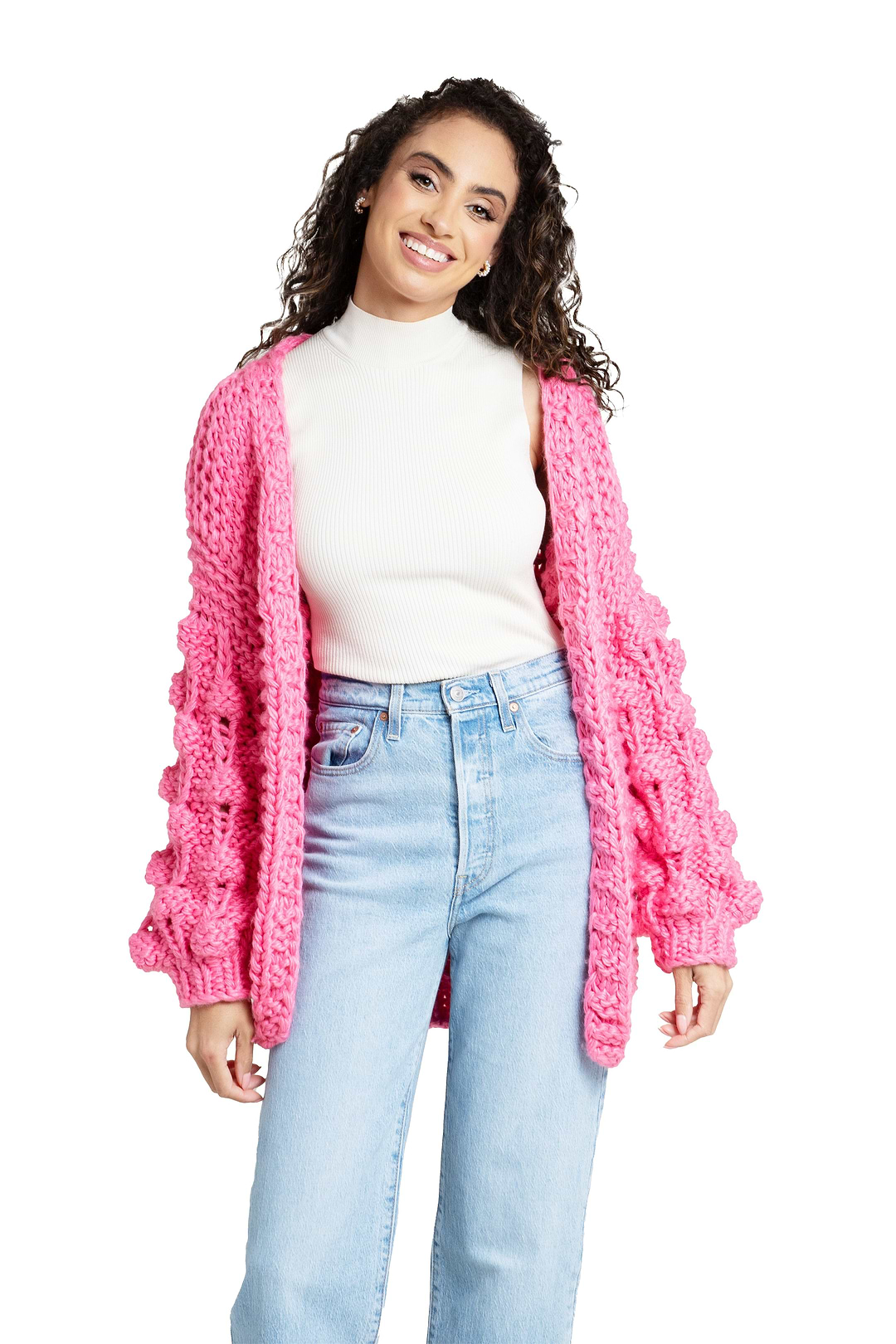 Knit Cardigan With Bauble Sleeves - Hot Pink