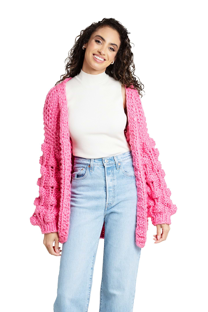Knit Cardigan With Bauble Sleeves - Hot Pink