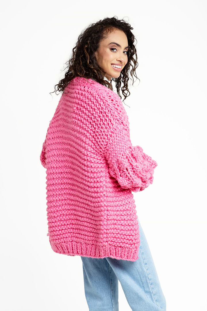 Knit Cardigan With Bauble Sleeves - Hot Pink