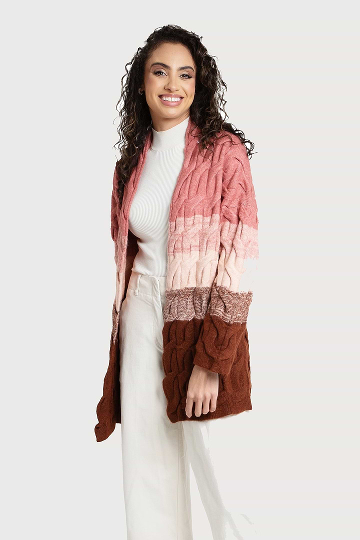 Cable Knit Color Block Cardigan - Dark Salmon