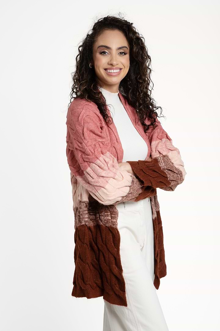Cable Knit Color Block Cardigan - Dark Salmon
